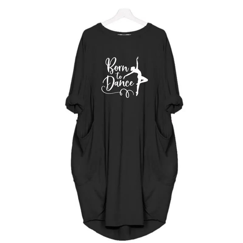 Платье женское с длинным рукавом винтажное принтом надписи Born to dance подарок для