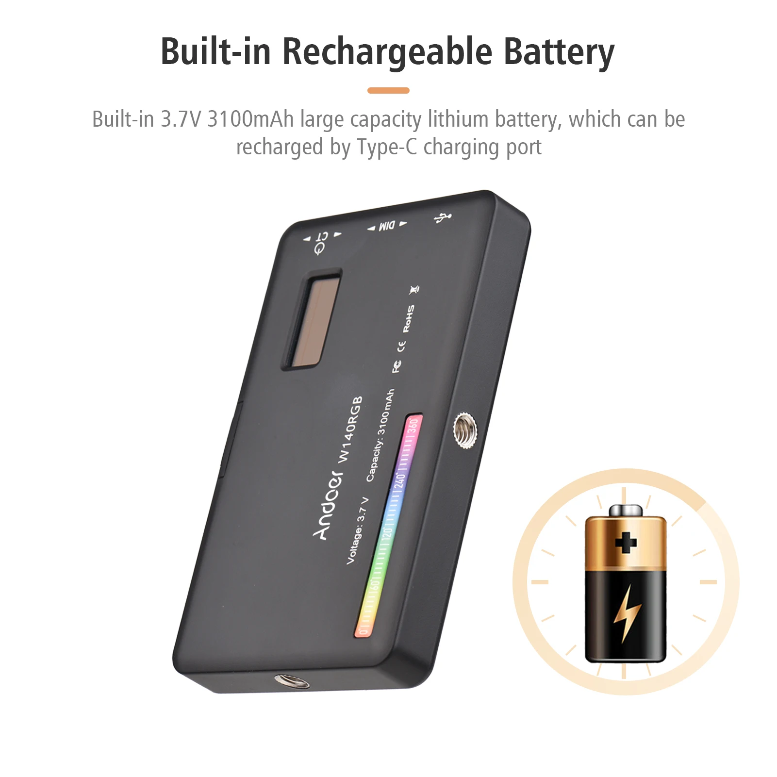 Фотовспышка Andoer W140 RGB LED с CRI95+ 2500-9000K, диммируемая, с 20 эффектами освещения, ЖК-дисплеем и холодным башмаком.