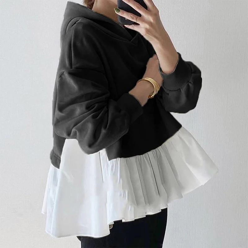 

Ruffled Patchwork Hooded Women Hoodies Autumn Long Sleeve Thicken Female Sweatshirts Korean New Streetwear Casual Lady Pullover