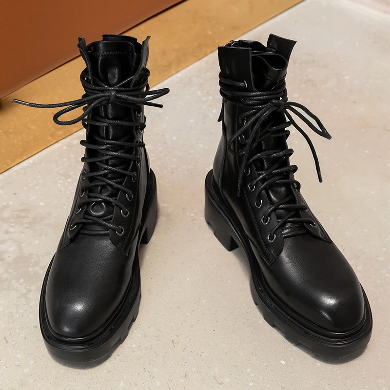 

100% cow leather Motorcycle Boots Shoes Woman Women Ankle Boots Autumn Winter Warm Round Toe High Heels Chelsea Boots