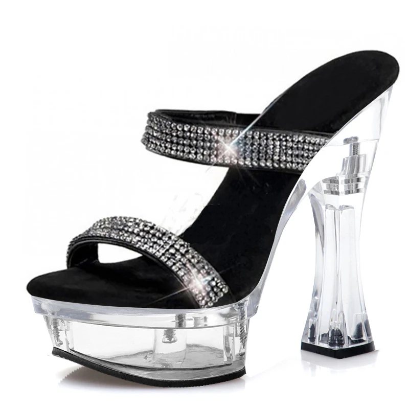

Women's Dance Shoes Party Slippers Lady 14cm Square High Heels Platform Slippers Night Club Pole Dance Shoes