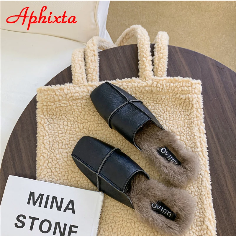 Aphixta/зимние теплые женские шлепанцы с натуральным кроличьим мехом; женские пушистые тапочки; женские шлепанцы на плоской подошве с квадратным носком