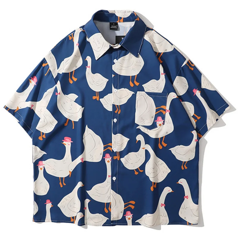 

Shirts Men Short Sleeve Funny Goose Summer Streetwear Full Printed Hawaiian Beach Shirt Hip Hop Harajuku Korean Fashion Shirts