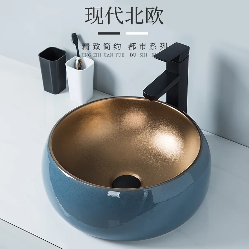 

40*40cm Nordic Style Light Luxury Above Counter Basin Metal Glazed Round Art Basin Hotel Bathroom Wash Basin