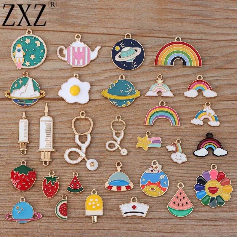 

ZXZ 29pcs Mixed Alloy Fruit Planet Rainbow Clouds Stethoscope Syringe Enamel Charms Pendants Beads for Necklace Bracelet Making