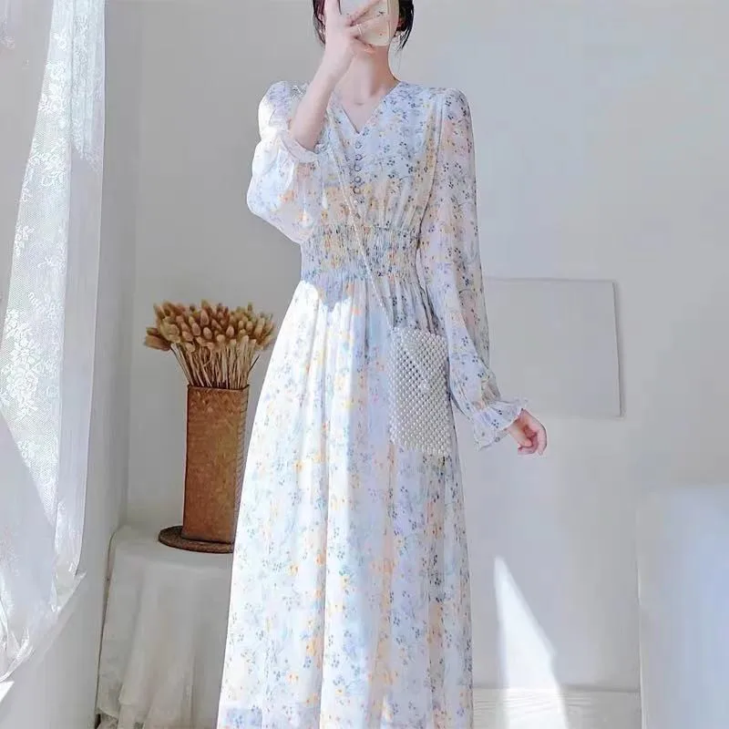 

ZWB6 Maxi Dress Women Floral Print Boho Long Chiffon Dress Ruffles Wrap Casual V-Neck Split Sexy Party Dress Robe