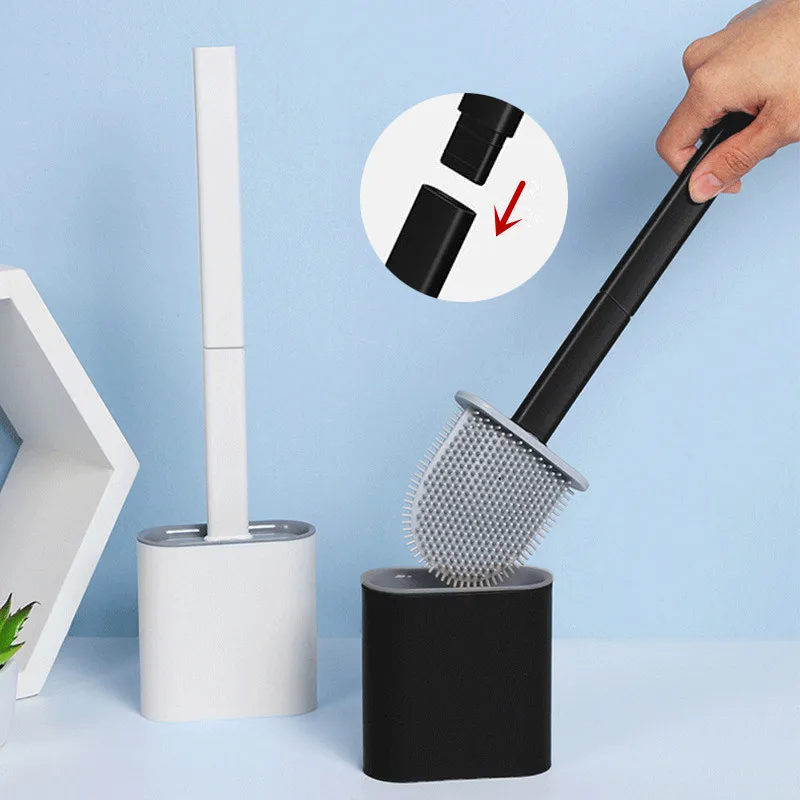 

Soft TPR Silicone Head Toilet Brush with Holder Black Wall-mounted Detachable Handle Bathroom Cleaner Durable WC Accessories