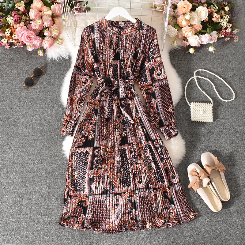 

Women's Pleated Shirt Dress Striped Belt 2021 Summer Simple Print Patchwork Long-sleeved Midi Long Dress Bandage Vestidos LS297