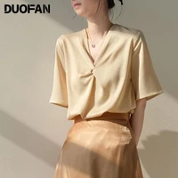 duofan satin shirt women 2021 summer new short sleeved design sense hedging twisted wild small loose v neck shirt