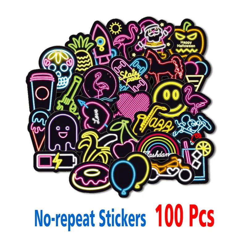 

100PCS Neon Light Sticker Anime Icon Animal Cute Decals Stickers Gifts for Children to Laptop Suitcase Guitar Fridge Bicycle Car