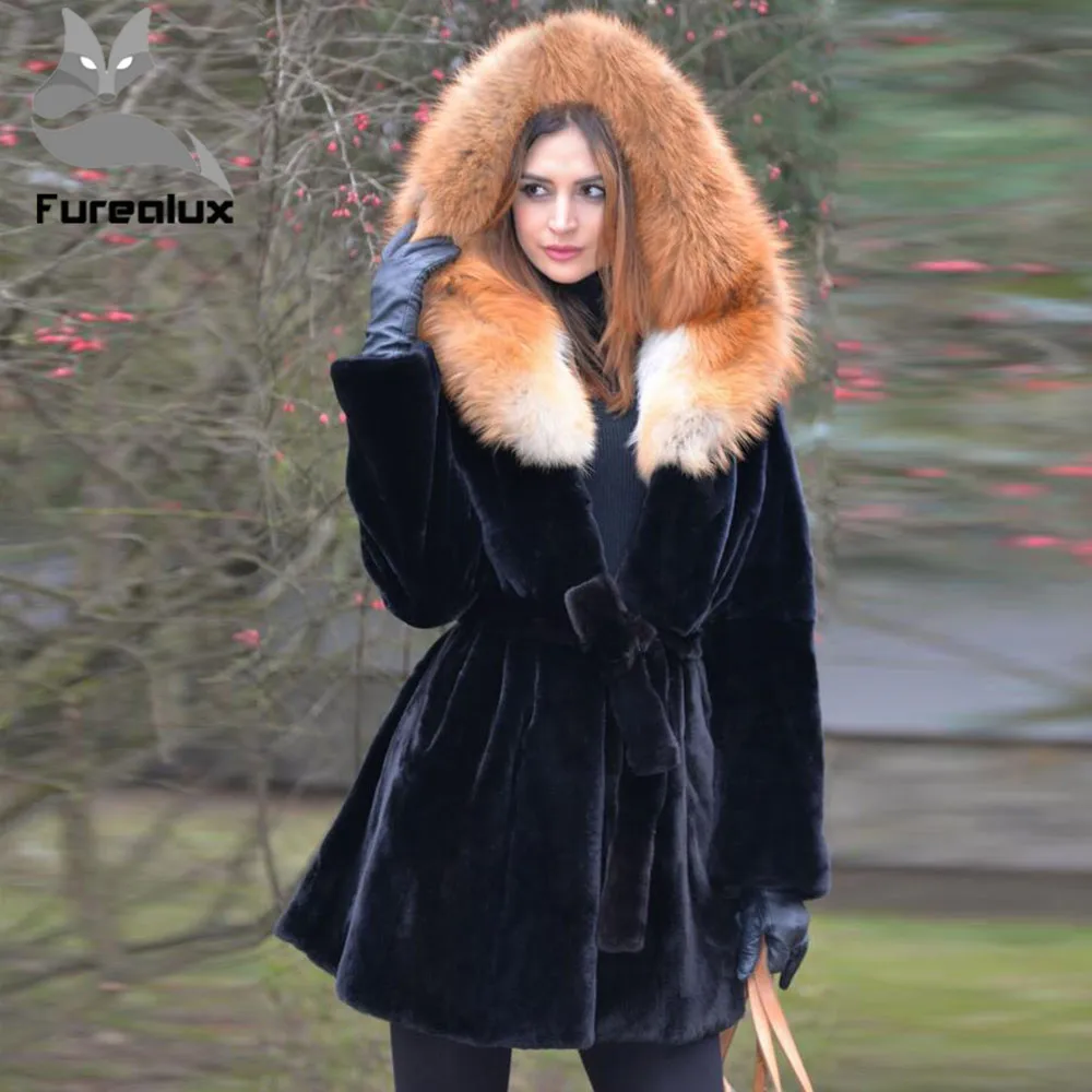 Furealux натуральный шиншилла кролик рекс шуба куртка с лисьим мехом капюшон и пояс Рекс кроличий мех жилет зимняя куртка