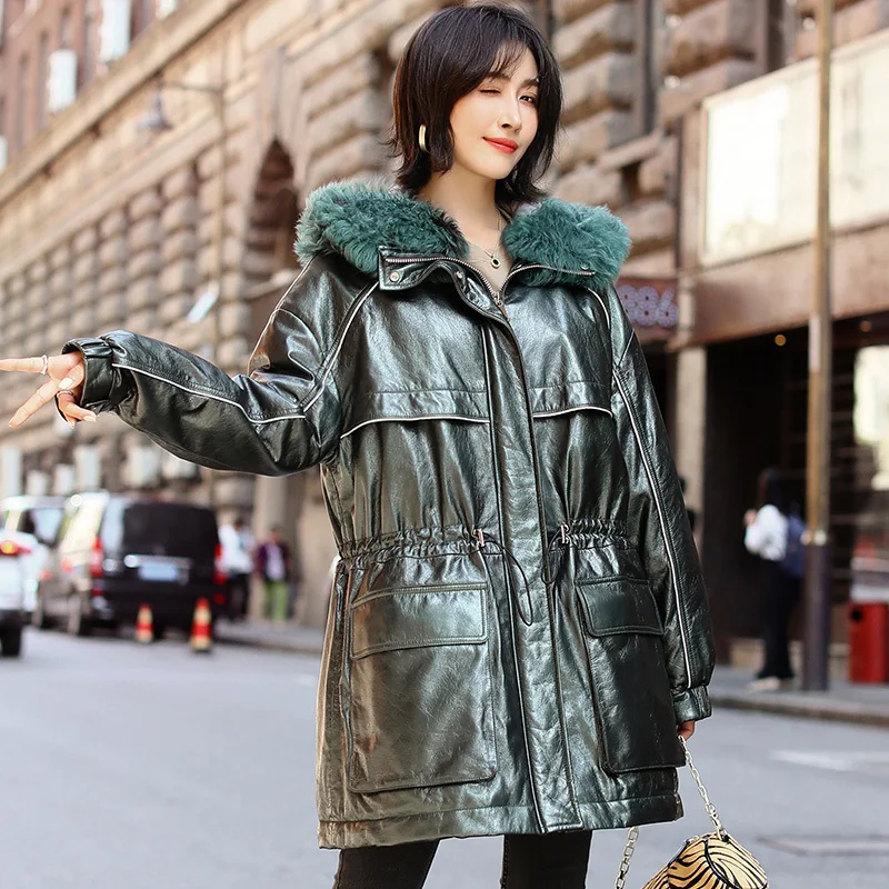 

100% Real Sheepskin Coat Female Winter Natural Fur Hooded Duck Down Jacket Women Genuine Leather Jackets Chaqueta Mujer D9111