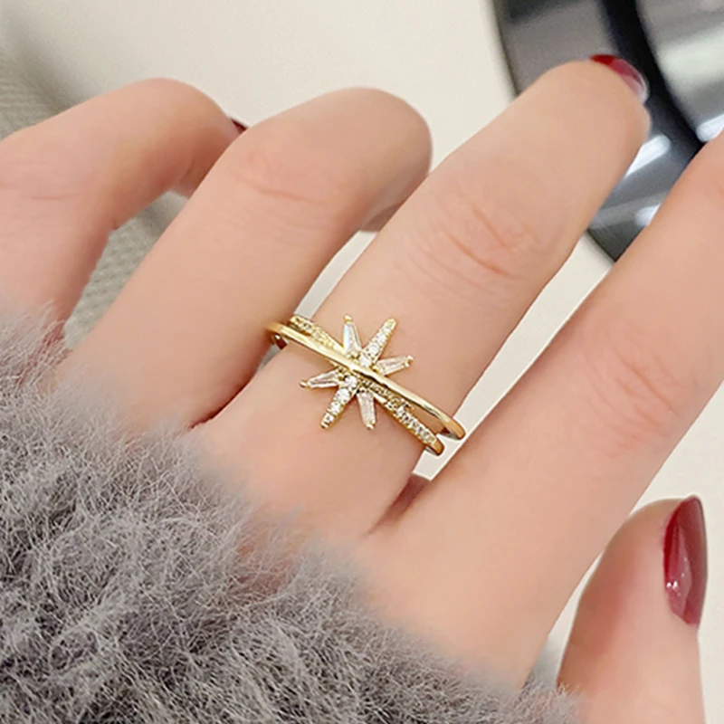 

Korean Trendy 14k Real Gold Jewelry Cross Star Rings for Women Adjustable Open Design Micro Inlay AAA Shiny Zircon Ins Hot