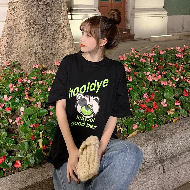 

YTX1012 Summer 2021 new net red bear print short-sleeved white girlfriend t-shirt women