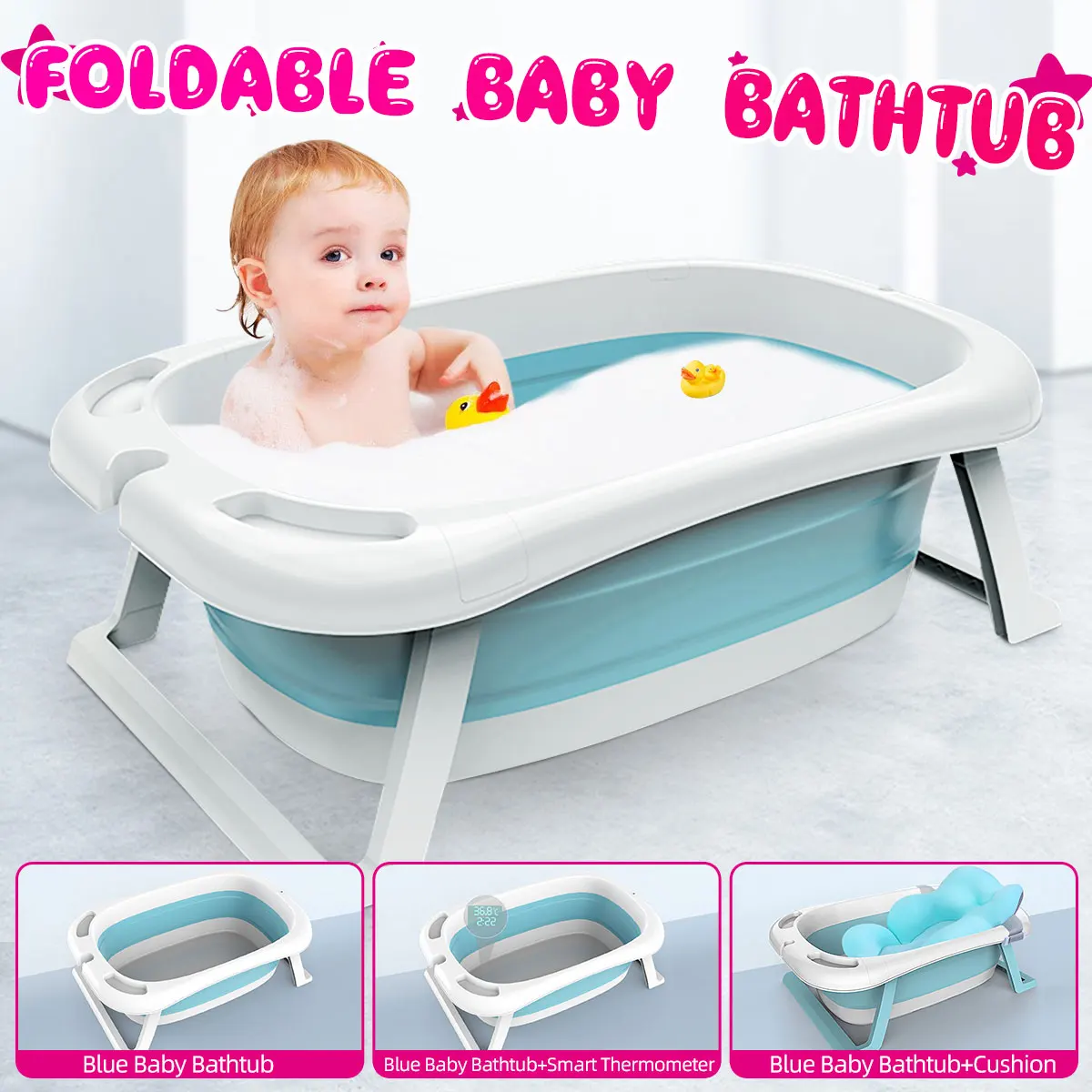 Folding Newborn Toddler Baby Shower Bath Tub Collapsible Bathtubs Support with Cushion Smart Thermometer Portable Bathtubs