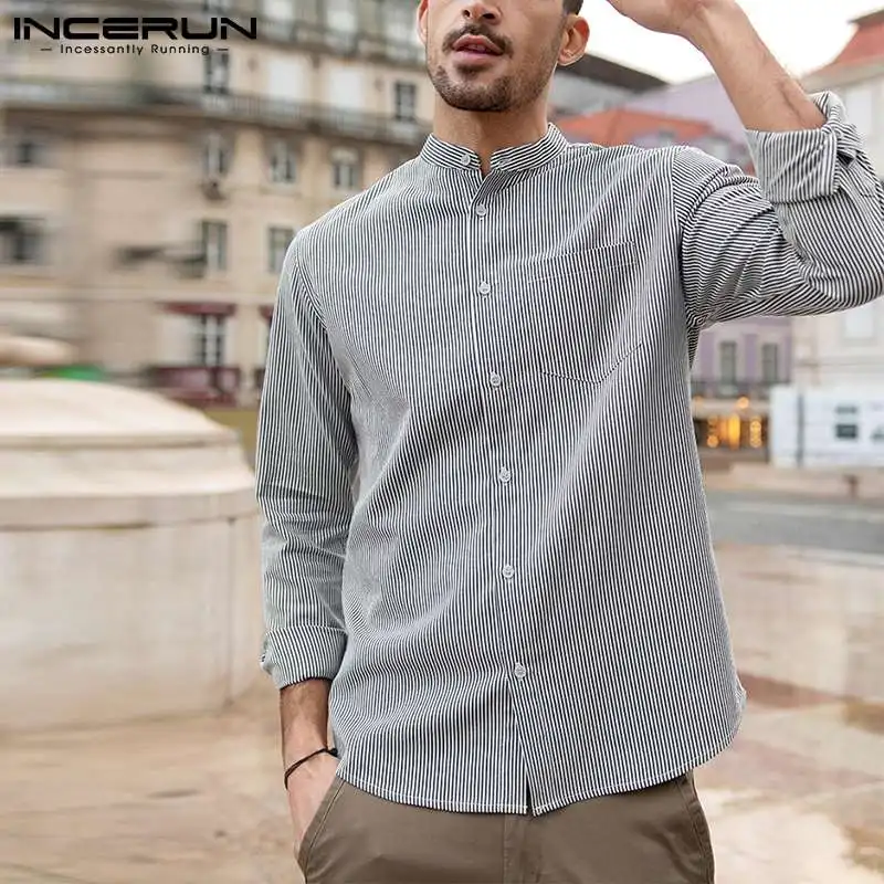 

Мужская полосатая рубашка с воротником-стойкой и длинными рукавами