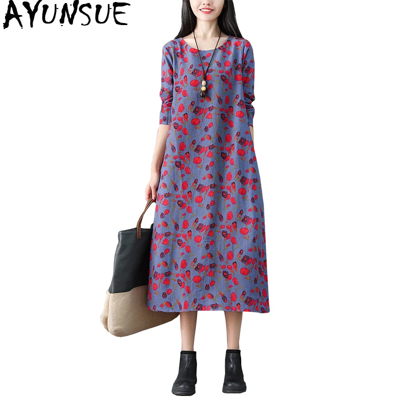 Женское хлопковое и льняное платье AYUNSUE повседневное длинное винтажное в стиле