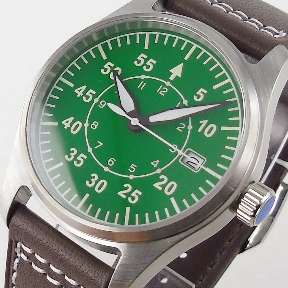 

Green 20ATM Waterproof 39mm Brushed Automatic Men Watch Lumious Dial Leather Band 24 Jewels NH35A Movement