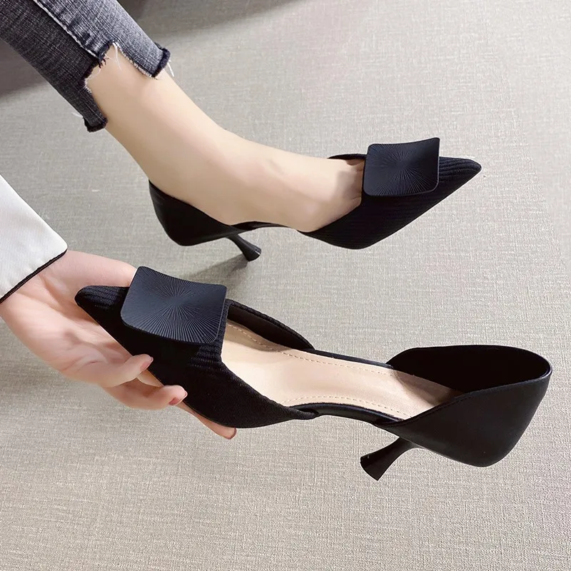 

Shoes All-Match Female Sandal Clear Heels Slip-on Loafers Summer Women's Shallow Mouth Med Girls Pointed Retro Elastic Band Beig