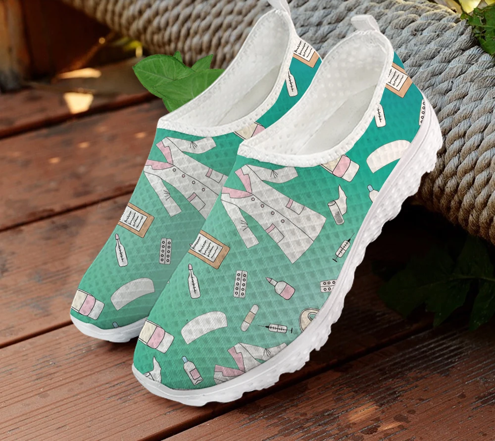 

ELVISWORDS Nurse Supplies Green Women's Shoes Sneakers Casual Flats Shoes Summer Ladies Air Mesh Breathable Beach Loafers Shoes