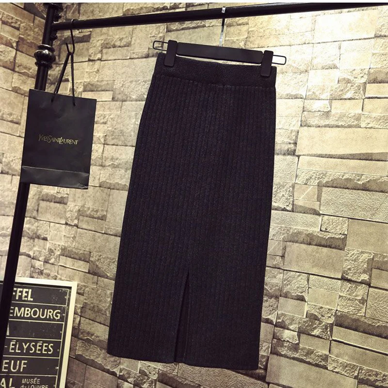 Женские юбки осенне зимняя теплая трикотажная прямая юбка ребристая средней