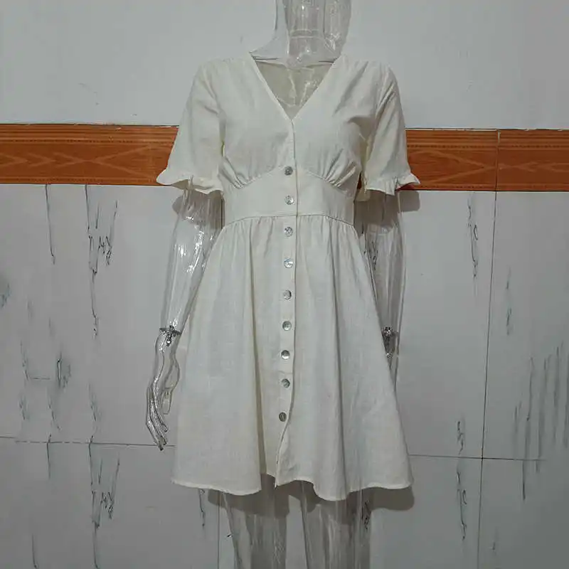 

Elegant A-Line Spring Summer 2021 New V Neck White Slim Mini Dress With Button Ruffled Chic Ladies Vestido