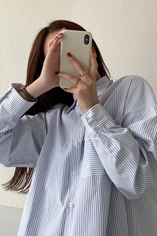 

SuperAen Striped New Design Turn Down Collar Retro Shirts 2021 Spring and Autumn Fashion Womens Tops