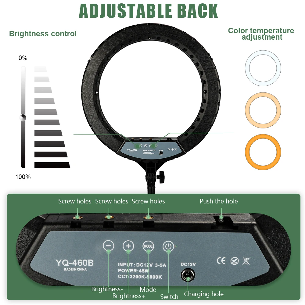 Кольцевой светодиодный светильник для фотосъемки 18 дюймов с регулируемой