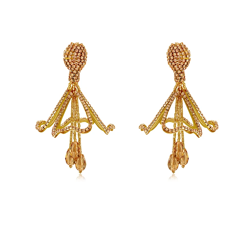 

New Hand-Made Beaded Hollow Shiny Impatiens Flower Exaggerated Big Ear Stud Earrings for Women