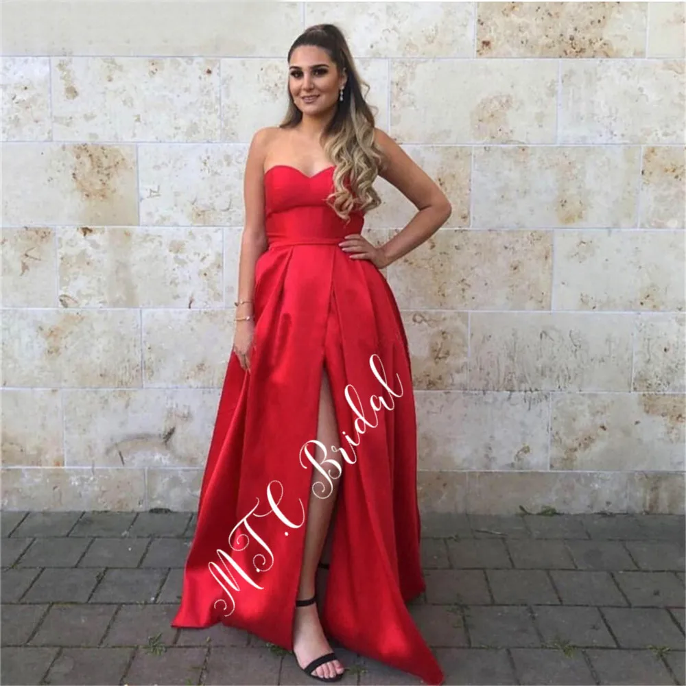 

Elegant Long Red Evening Dress High Slit Sweetheart A Line Satin High Quality Prom Gowns 2019 Cheap Wedding Party Dresses