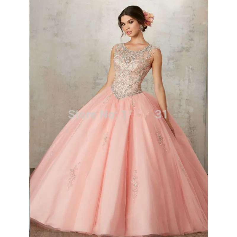 

Blush Pink Quinceanera Dresses Ball Gown Scoop Tulle Beaded Crystals Cheap Sweet 16 Dresses