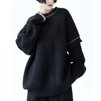 xuxi 2021 winter thicken sweater women long sleeve knitting fashion splicing pullover sweater streetwear black loose top e4502