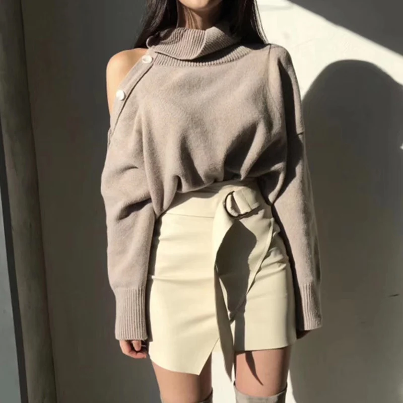 Женские базовые свитера вязаный пуговицы пуловер с открытыми плечами Осенний