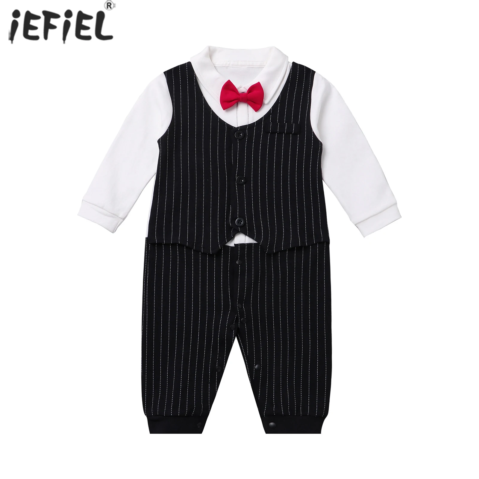 

Newborn Baby Boys Gentleman Formal Suit Romper Long Sleeve Jumpsuit Bow Tie Tuxedo Wedding Birthday Party Outfit 0-18M