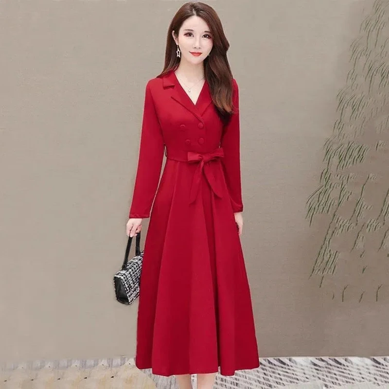 

Макси-платье, женское однотонное двубортное платье, корейское модное праздничное платье с зубчатым воротником, на шнуровке, с высокой талие...