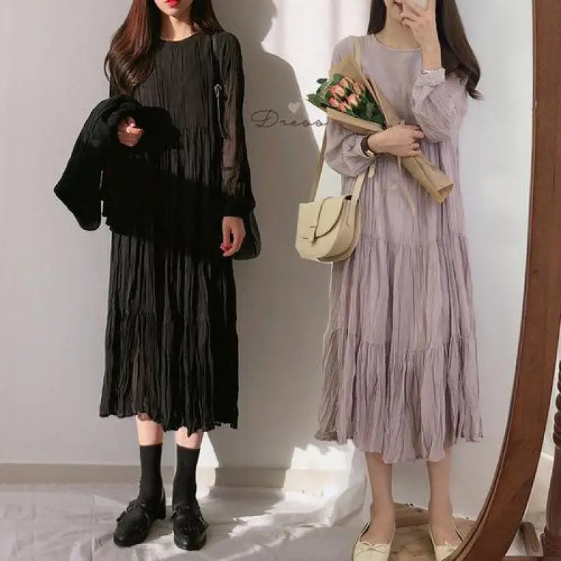 

New Simple Solid Color Sweet Pleated Chiffon Dress 2022 Spring & Autumn Loose Thin Casual Women A-line Long Dress Free Shipping