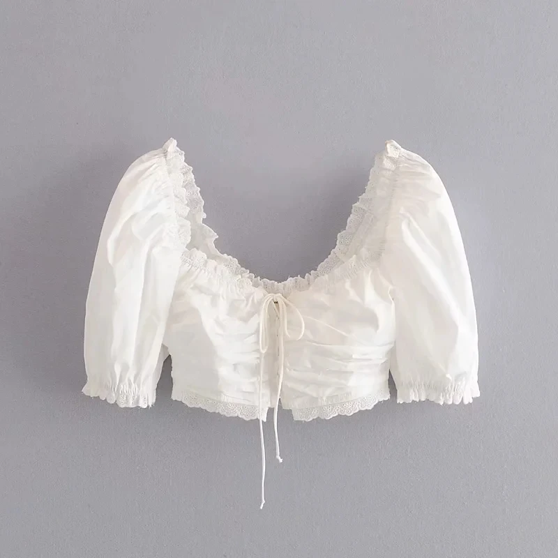 Блузка женская укороченная с оборками милая пикантная модная эластичная рубашка