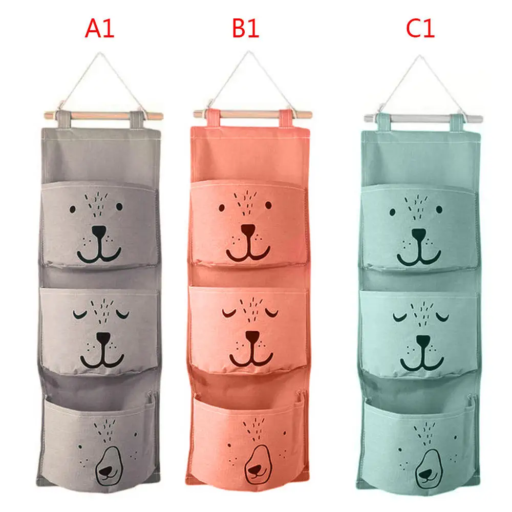 

3 Pockets Cute Wall Mounted Storage Bag Closet Organizer Clothes Hanging Storage Bag Children Room Pouch Home Decor