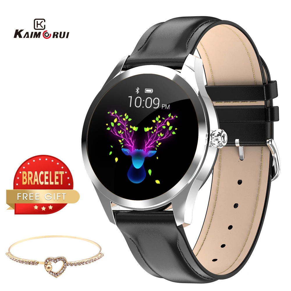 Black Leather cмарт часы женские водонепроницаемые IP68 спортивные часы пульсометр шагомер умные часы фитнес браслет трекер для Android IOS - Цвет: Black Leather