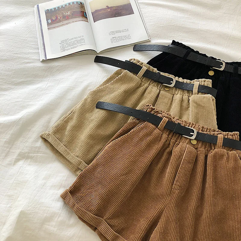 Винтажные осенние женские повседневные шорты с высокой талией и широкими