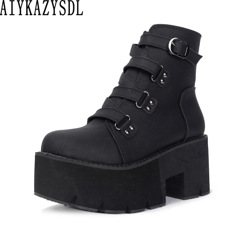 

AIYKAZYSDL Women Ankle Boots Gothic Gladiator Strappy Bootie Motorcycle Biker Boots Platform Chunky High Heel Creepers Shoes