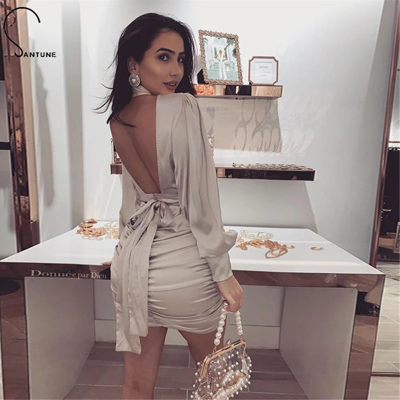 Santune 2020 Атласное Вечернее Платье С О образным вырезом и пышными рукавами с