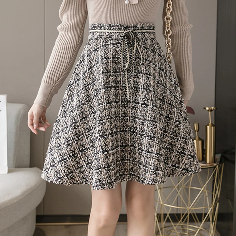 Твидовая юбка цвета хаки Женская шерстяная мини-юбка в клетку бальная на