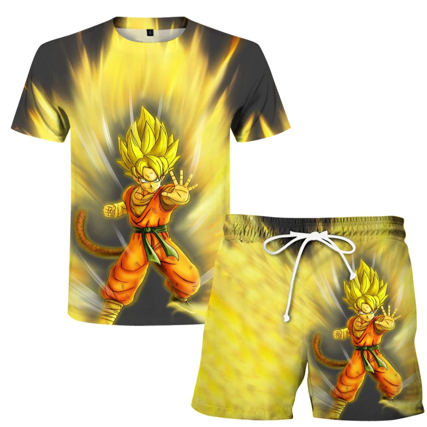 

2021 Europe and America fashion handsome cartoon print summer men's sports suit fun leisure suit 2-piece short sleeve T-shirt +