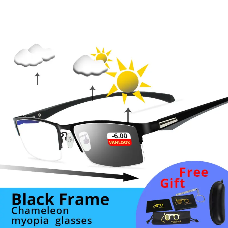 Black -6.00 Близорукость, мужские компьютерные очки, фотохромные солнцезащитные очки, хамелеон, анти синий луч, игровой прицел по рецепту-1,25-1,75-5-5,5-6,0 - Цвет оправы: Black -6.00