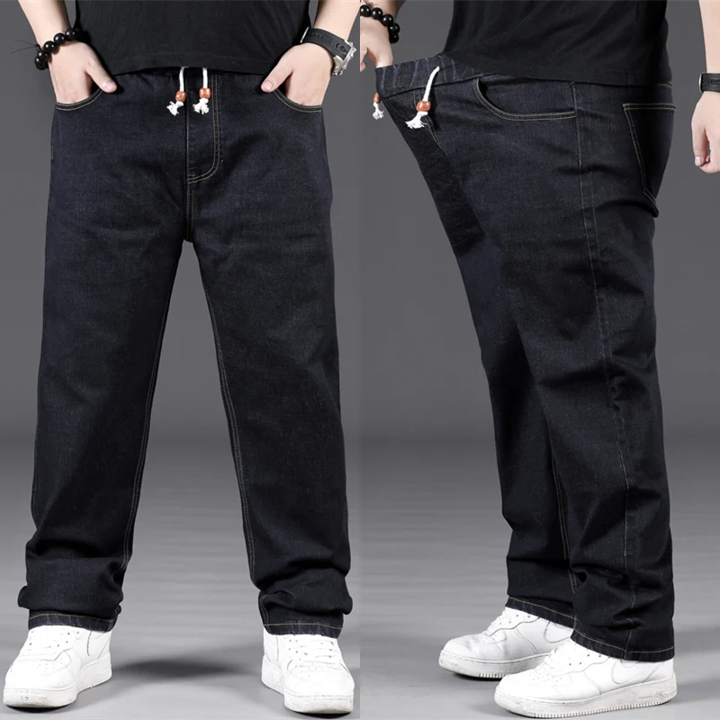 Plus Size Mens Baggy Jeans Men Casual Black Loose Straight Elastic Waist Drawstring Denim Pants