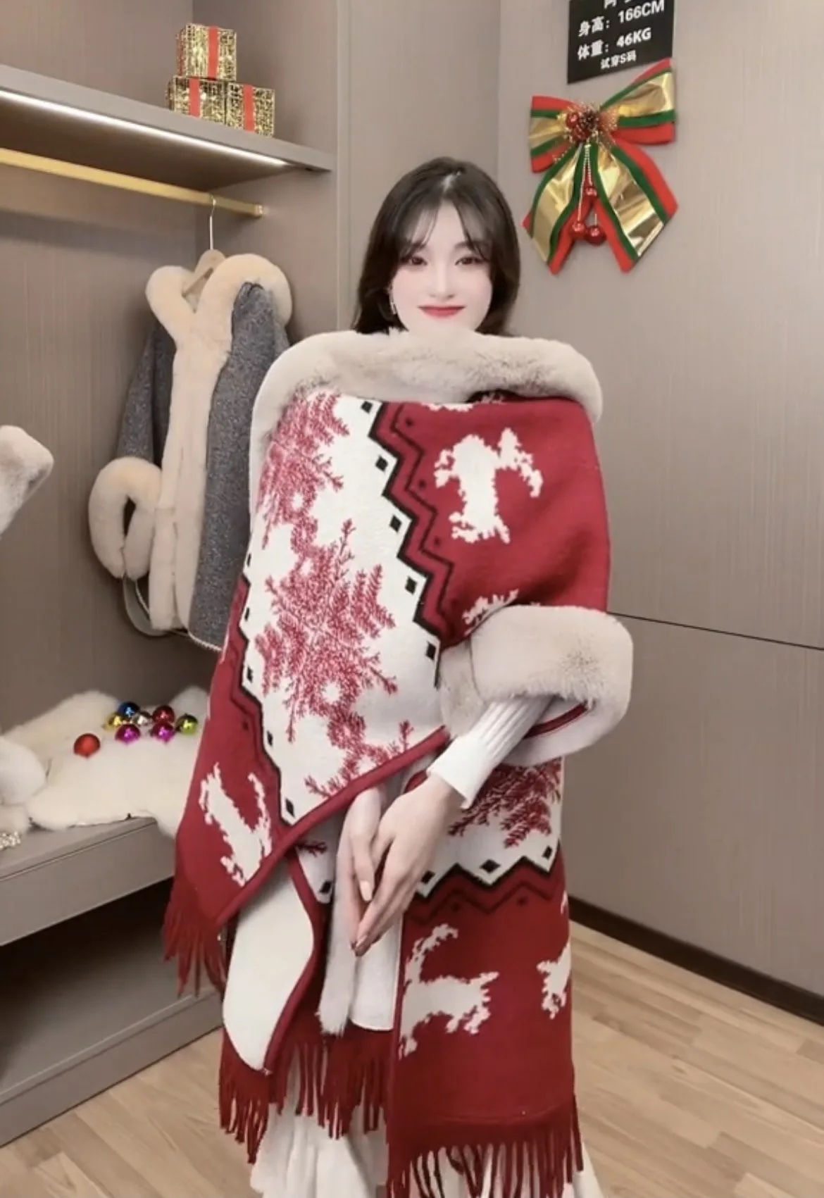 

2021 Winter Christmas Snow Deer Print Poncho Bawting Sleeves Cape Faux Fur Loose Pullover Women Long Plus Size Shawl Long Coat