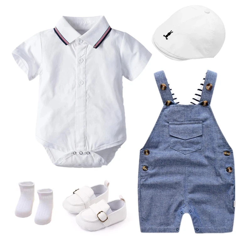 

Summer 2021 Newborn Clothes Set Cotton Boys Birthday Dress White Infant Rompers+ Bib Shorts+Shoes+ Socks +Hat 5PCS For 3-18M