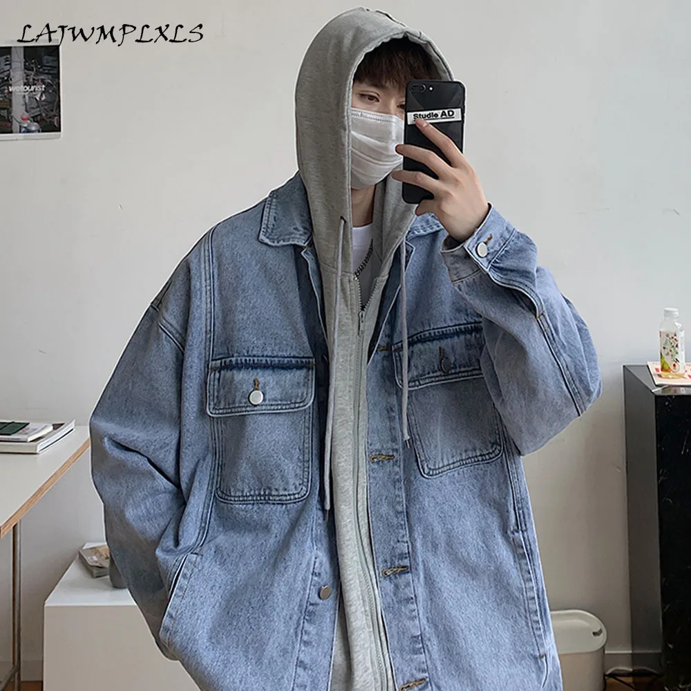 

Spring Autumn Men Fake two Piece Denim Jackets Vinatge Blue Black Casual Denim Coats Mens Korean Oversized Male Jacket Coat