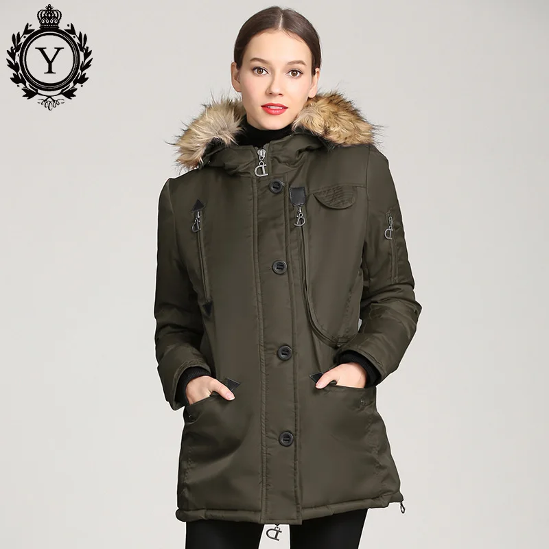 

2021 Winter New Women's Cotton Clothes Medium and Long Waist Closing Hooded Large Wool Collar Multi Pocket Thickened Cotton Coat